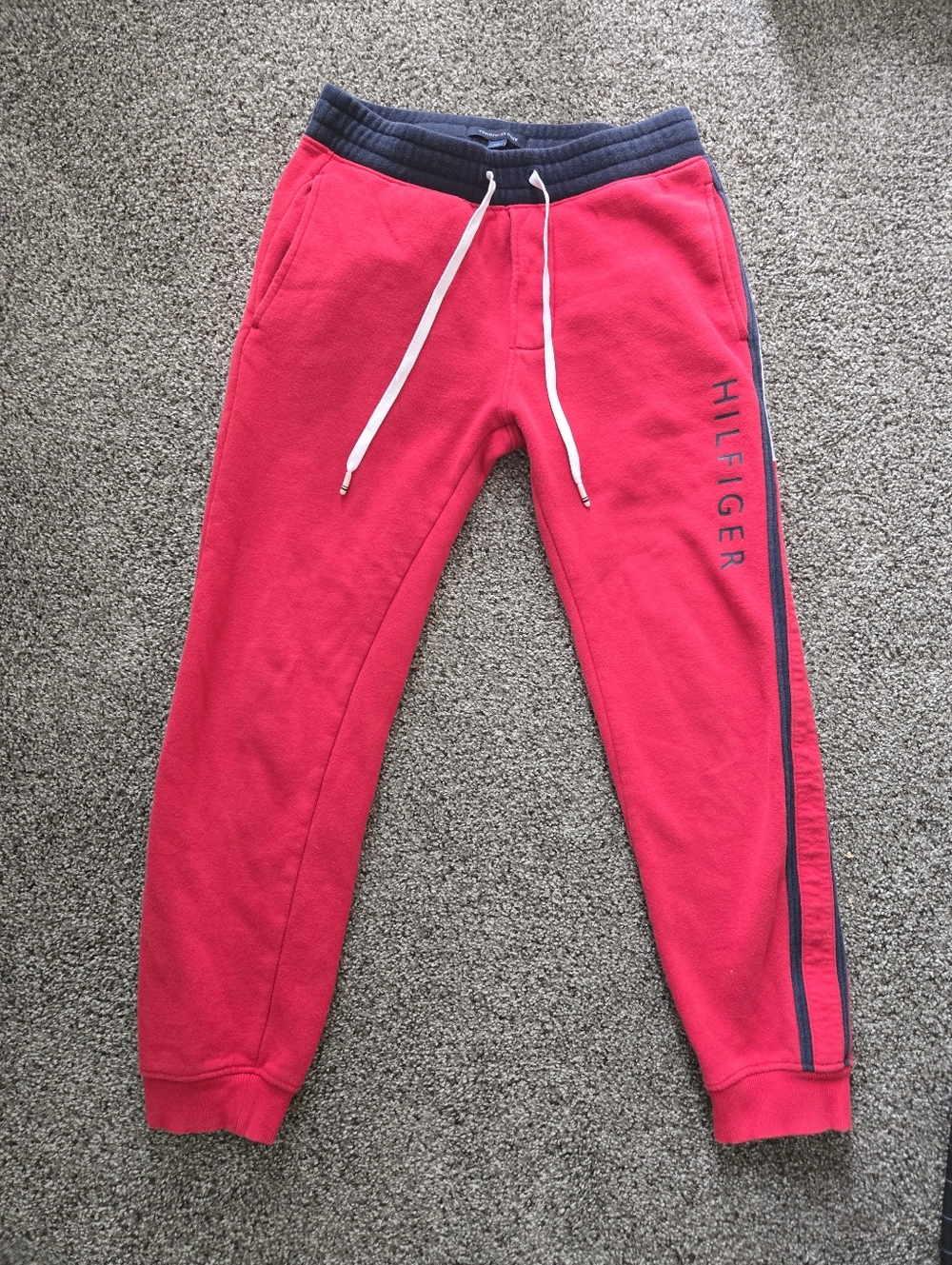 Tommy Hilfiger Red Sweatpants with Navy Waistband and Side Stripe